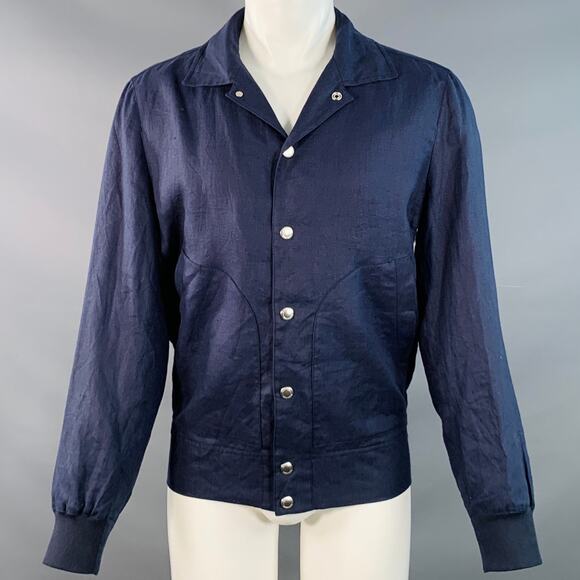 BRUNELLO CUCINELLI Size 40 Navy Red Twill Linen Snaps Jacket - Picture 1 of 10